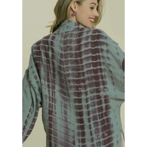 New Umgee L Dusty Sage Tie Dye Open Front Tie Kimono Side Slit - Picture 4 of 5